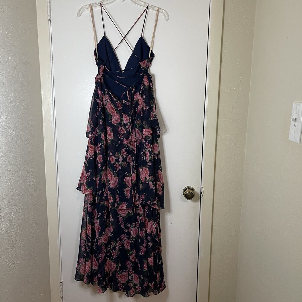 Fame & Partners Wyatt Floral Tiered Chiffon lace up plunge maxi Dress US 12 - Picture 9 of 11